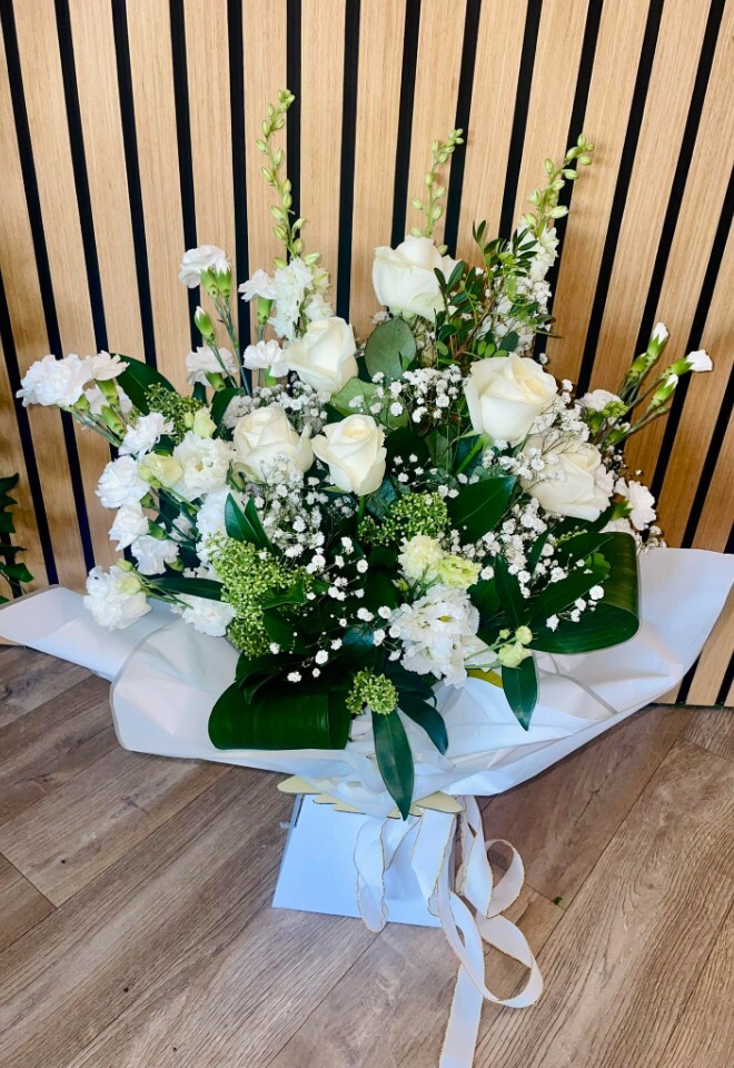 white bouquet with roses and carnations, from Perfect Petal in Bolton, Lancashire