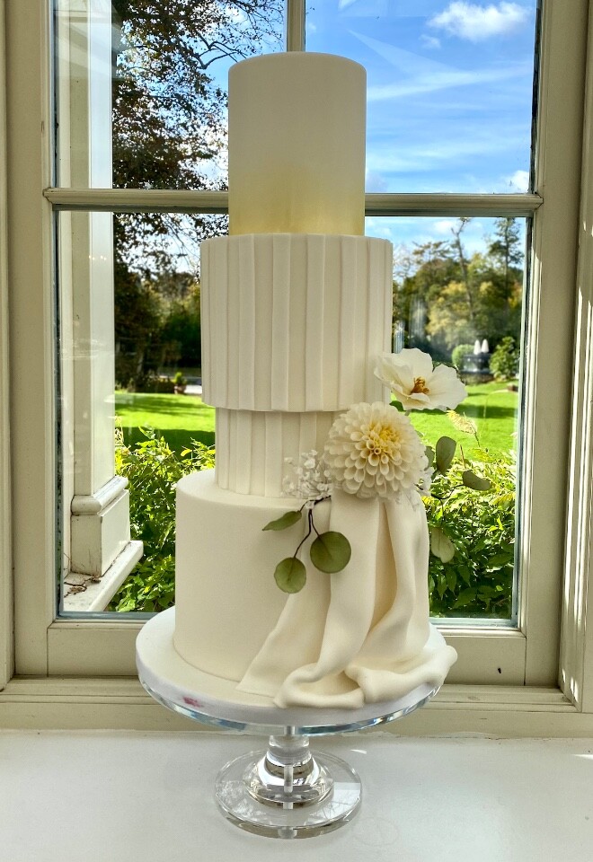 Elegant Wedding Cake with Sugar flowers and Draped Fondant Wedding Cake by Cakes of Curiosity