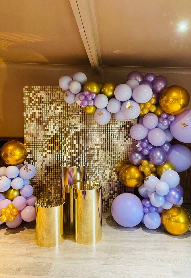 Cake tables and sequin wall backdrop, dance floor decor. 