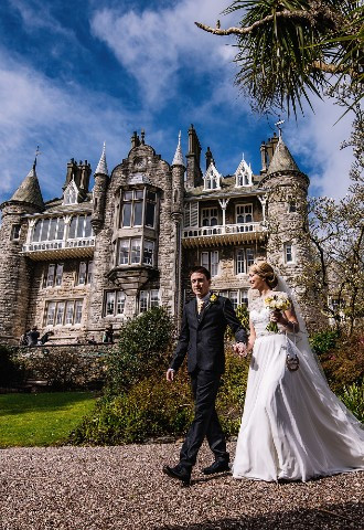 Bride and groom at Chateau Rhianfa, North Wales