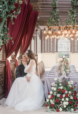Palace Downtown wedding breakfast set up with bride and groom