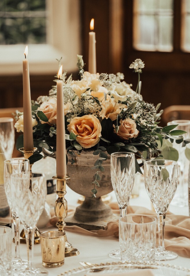 Table styling and centrepiece Nude blush Shiplake College 