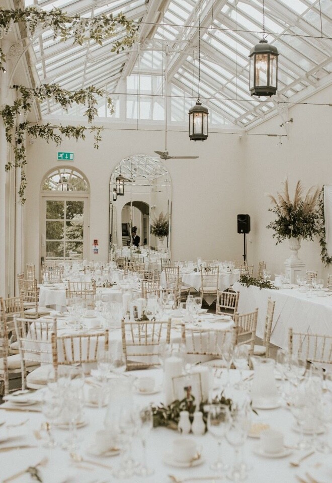 Reception room set up; natural & rustic greens 