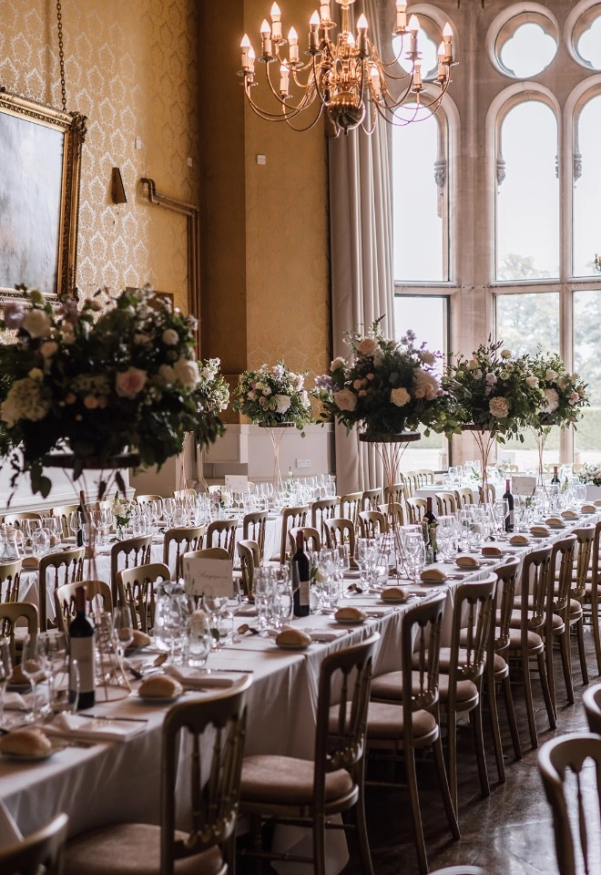 Grittleton House, Yellow Gallery, Table setting, flowers, wedding