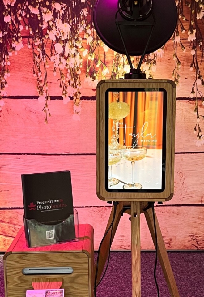 icon booth with rustic backdrop