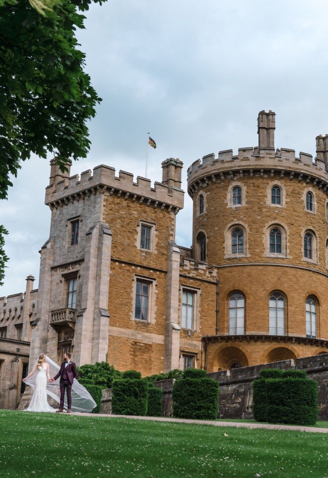 Wedding Couple outside Belvoir Castle