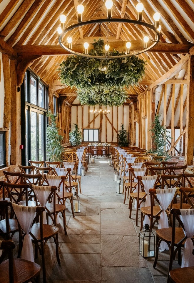 Internal shot of High Houses Wedding barn set for a wedding