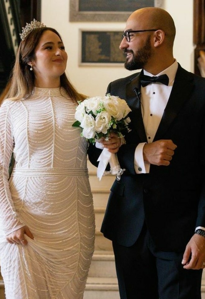 Bride and groom on the stairs in Ipswich Town Hall