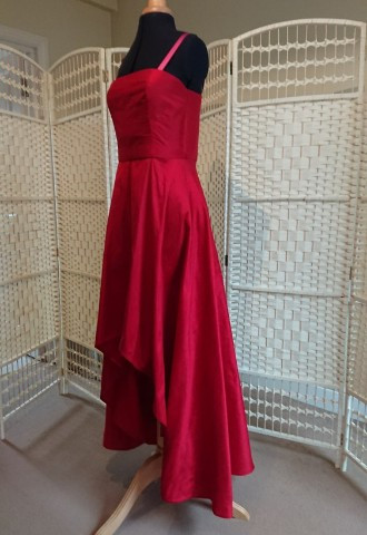 Red Silk dupion dress with uneven hem and straps