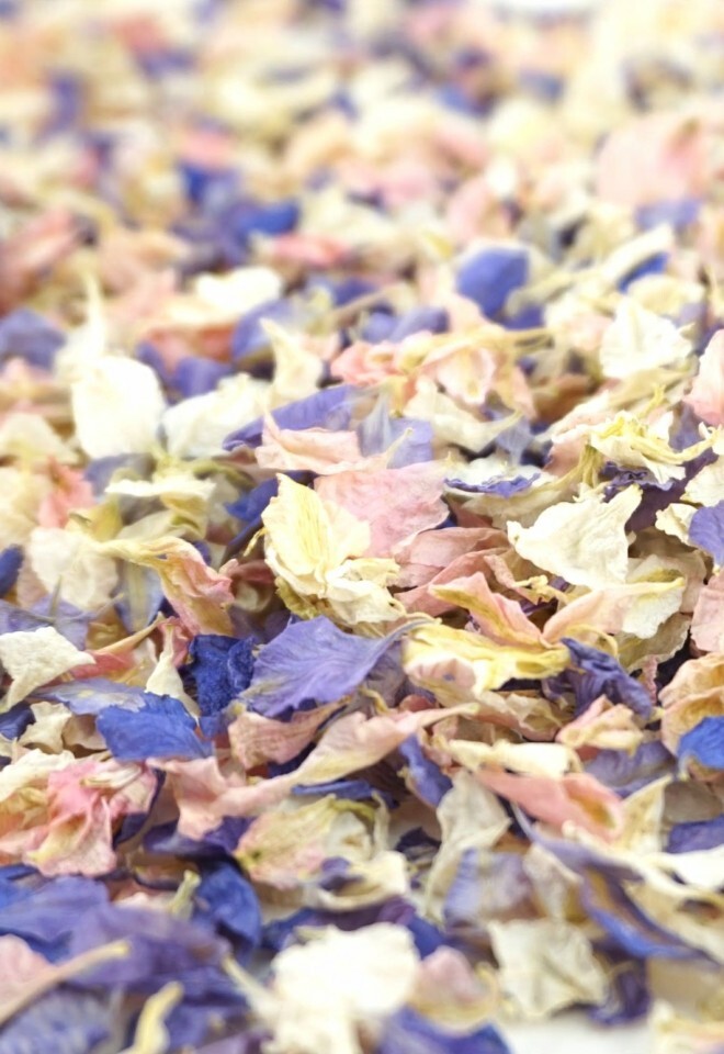 The Dried Petal Companys Biodegradable Wedding Confetti Larkspur Petals Blossom Mix Blue Pink Cream