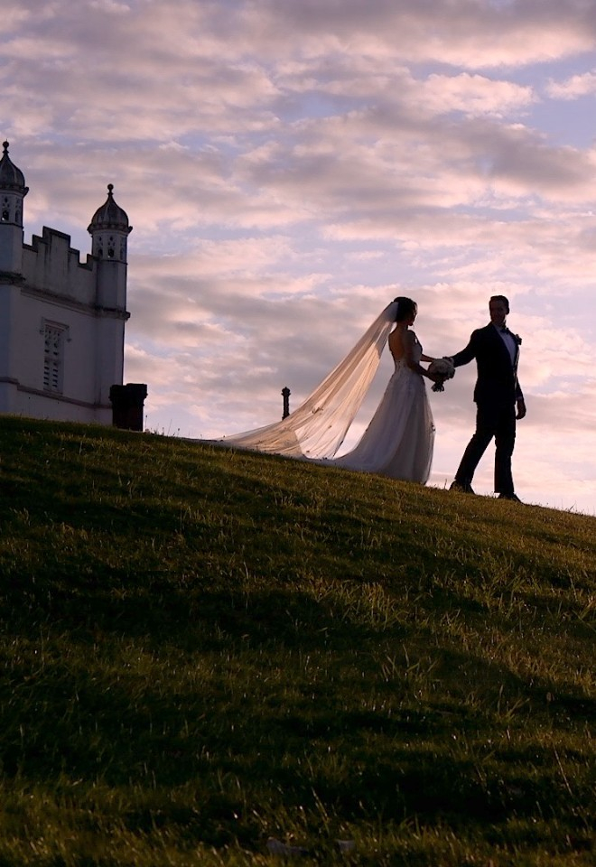 Bride and Groom at sunset at Danesfield House