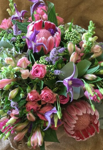 Pink & purple wedding flowers from Oops a Daisy in Gloucestershire