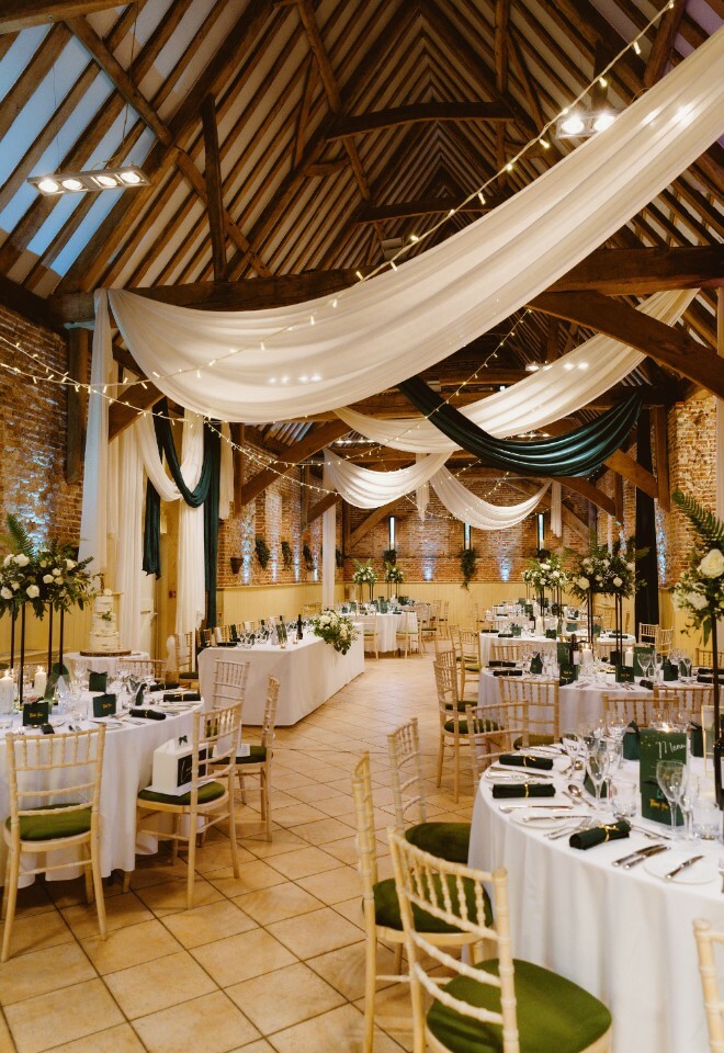 Dramatic Drapes, Green and White Colours, Winter Luxe Wedding, 17th C Barn Wedding Breakfast
