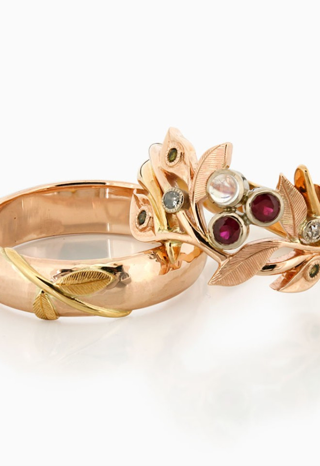 Bespoke Handmade Wedding Rings Made By The Jewellery Workshop In Diss Rose Gold With Floral Ruby Moonstone and Diamond Design