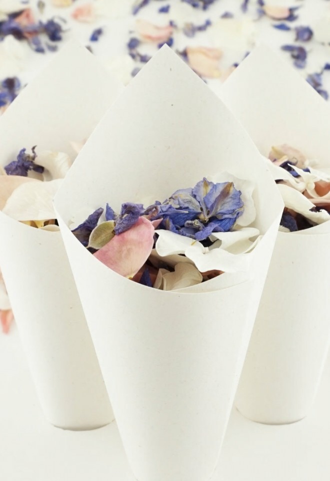 The Dried Petal Companys Handcrafted Wedding Confetti Cones Ivory Fleck