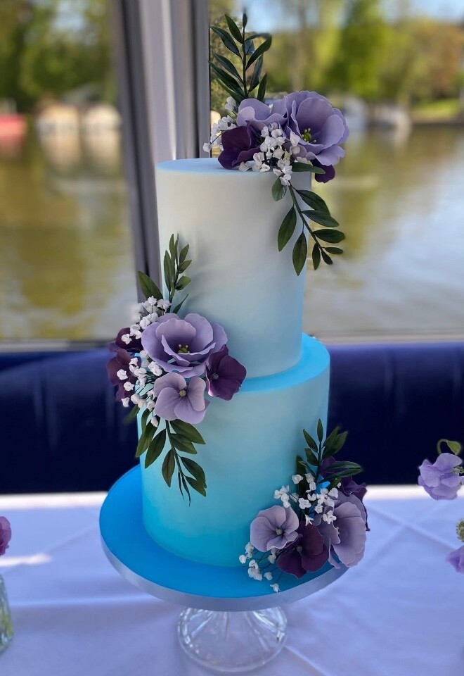 Gradient Blue Wedding Cake with Sugar Flowers by Cakes of Curiosity