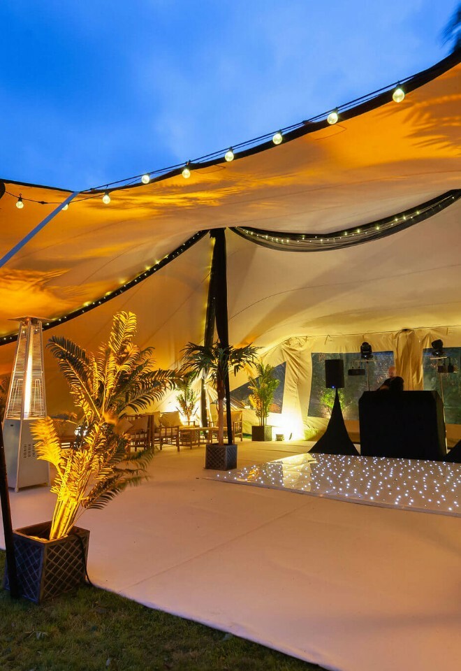 Stretch tent with a light up dance floor, palm trees and festoon lighting
