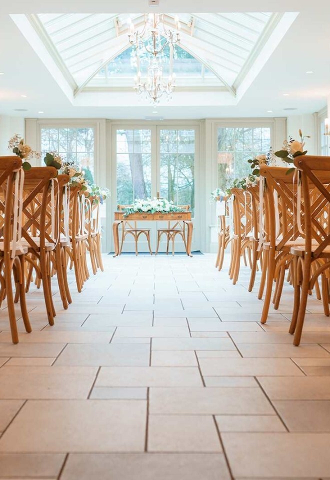 The aisle ready to go in the orangery at a Northamptonshire wedding venue