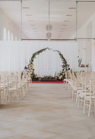 Wedding ceremony set up at Margam Orangery, Neath Port Talbot