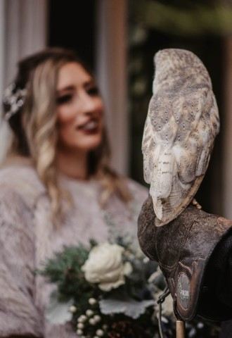 Bride and groom with owl at Auchen Castle - a romantic castle wedding venue in Scotland