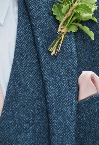 Shrewsbury blue herringbone tweed suit up close Shepherd & Woodward