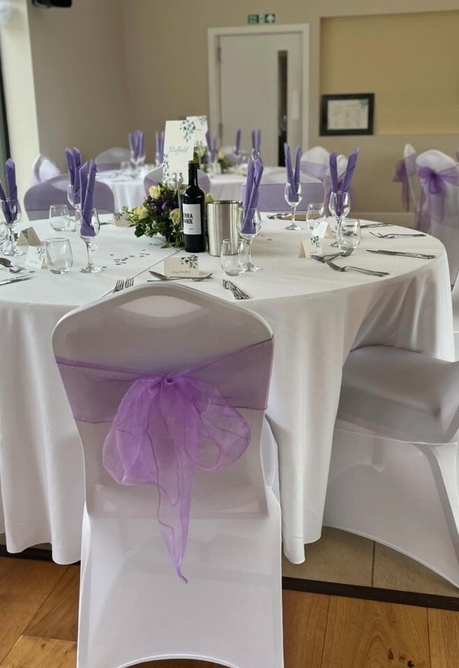 Wedding Breakfast Purple Theme, Clifden Arms Wedding Barn