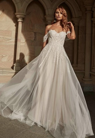 Off shoulder, a line wedding dress, Your Story Bridal, Marlow