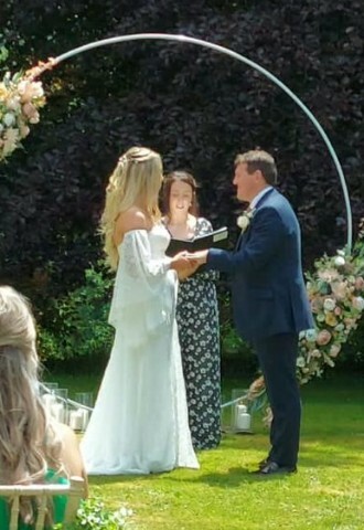 Celebrant Caroline with bride and groom at Boconnion