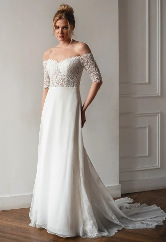 Lace off the shoulder wedding dress, Your Story Bridal, Buckinghamshire