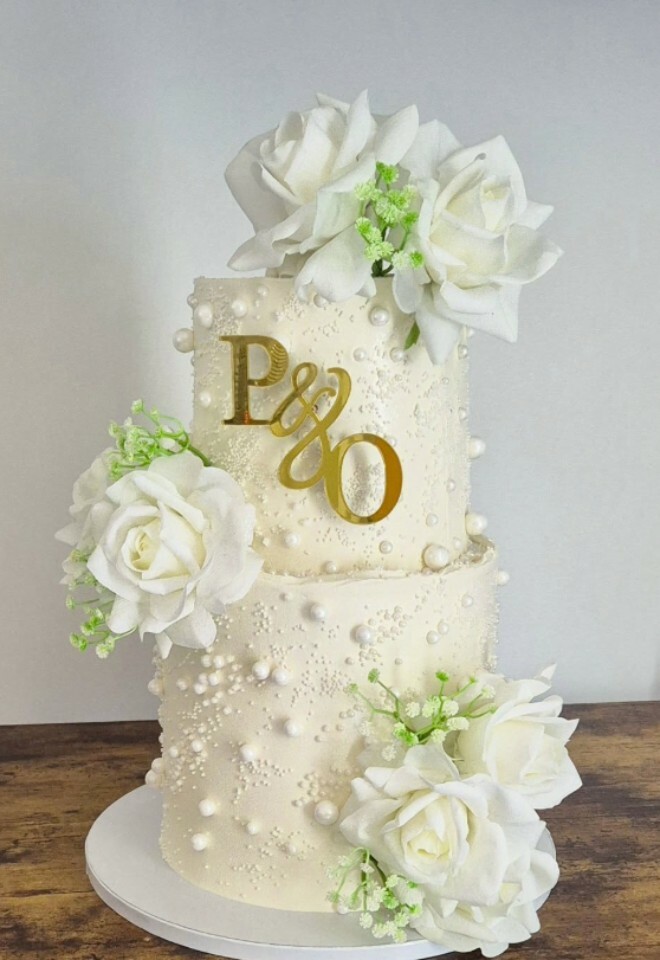 2-tiered ganache wedding cake