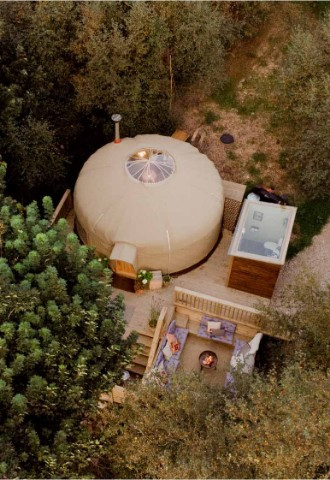 Aerial shot of luxury tree yurt at Eavestone Lake, wedding guest accomodation