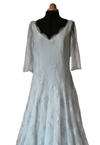 Pale blue wedding dress made of silk lace and hand dyed silk crepe