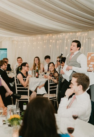 Wedding speeches in the marquee at Cherwell Boathouse, Oxfordshire