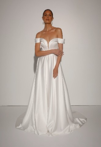 Satin, bardot neckline wedding dress, Your Story Bridal, Marlow