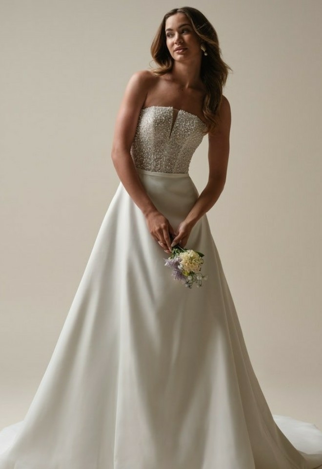 maggie sottero wedding down from shades of white. strapless dress, beaded bodice