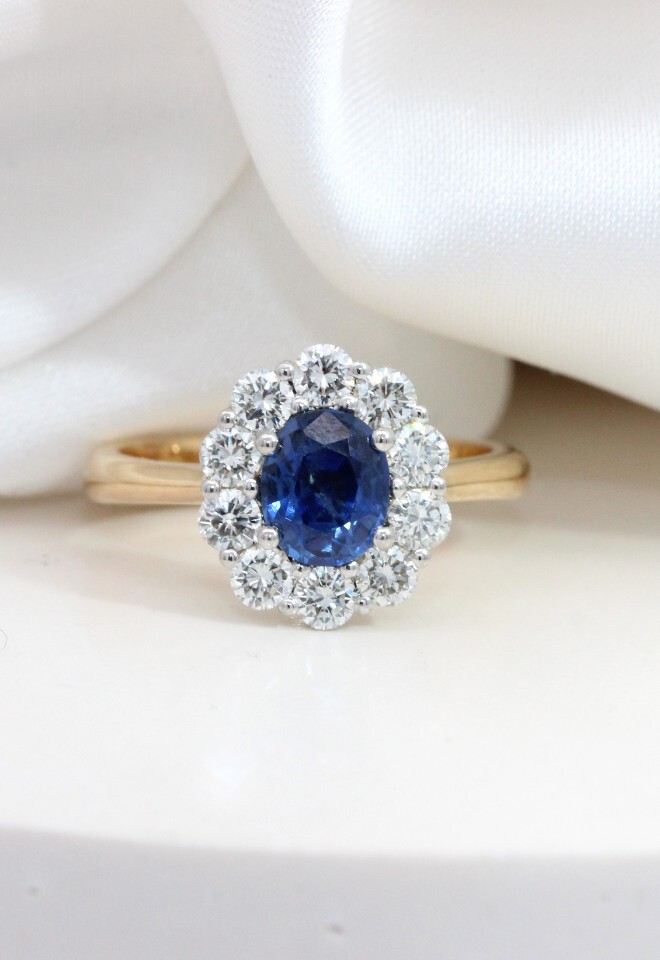 Holts Gems Bespoke Sapphire and Diamond Halo engagement ring