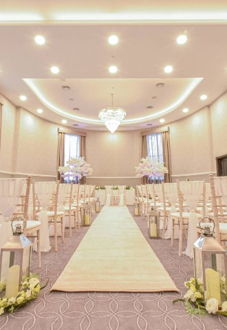 Ballroom set up for a ceremony