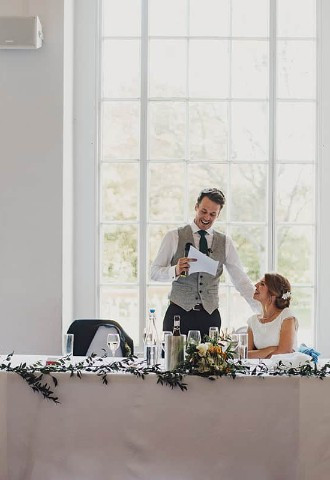 Groom reading his speech at Margam Orangery, Neath Port Talbot