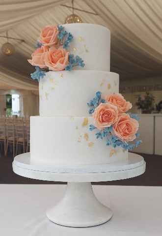 Classic White Wedding Cake with Gold Leaf & Sugar Roses