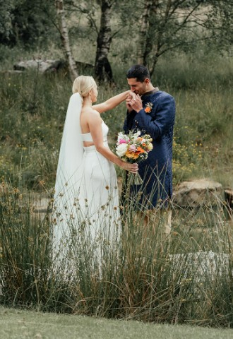 Outside wedding first look Yorkshire