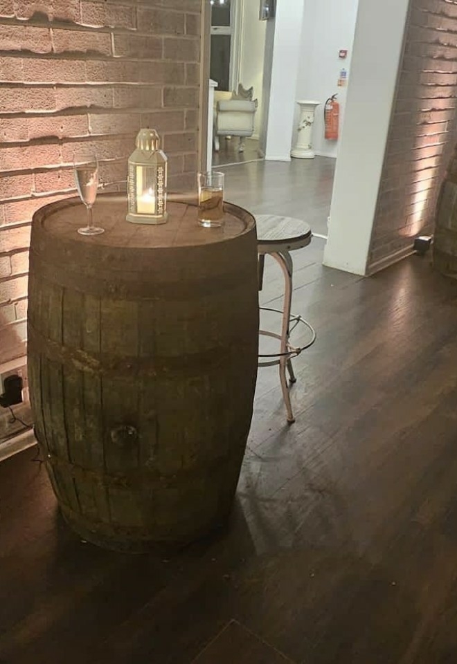 Whiskey Barrel, uplighters and love lights