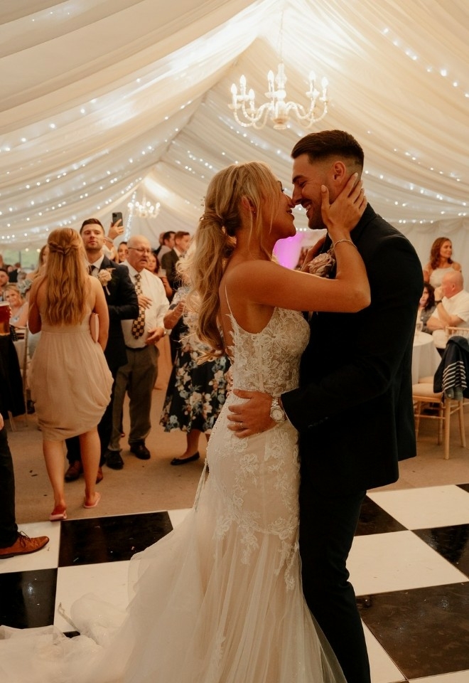 Bride & groom on dance floor at their wedding at The Stables Wedding Farm, Oldham, greater manchester