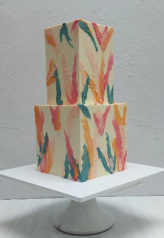Modern Tall Cube Wedding Cake with Buttercream Painting