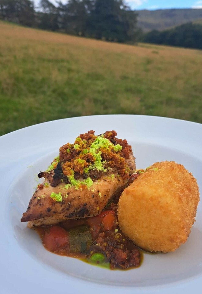 Chicken, chorizo crumb, Manchego croquette, Pisto, basil oil