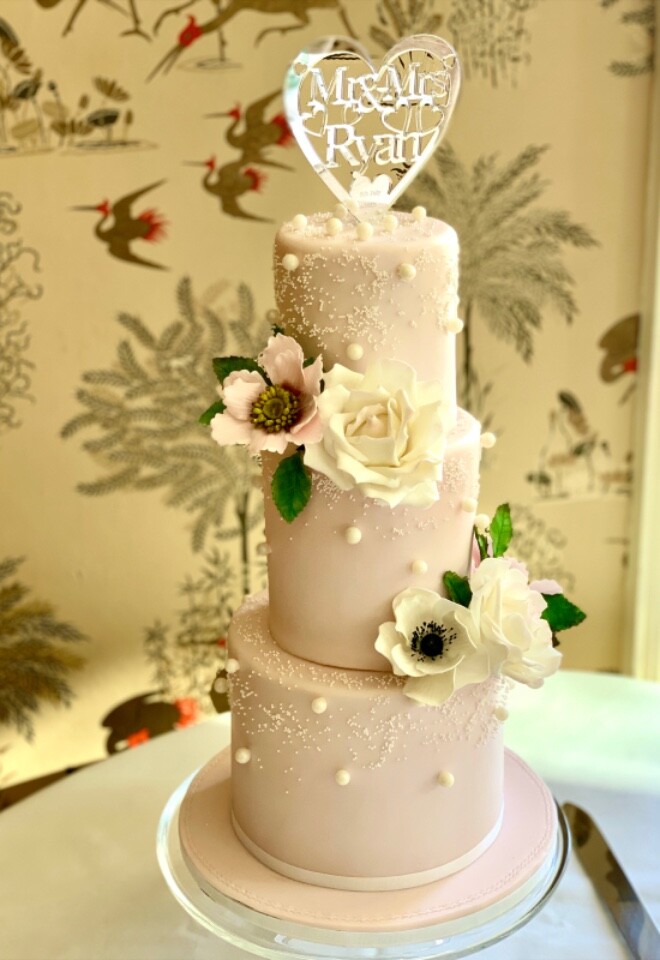 Vintage Floral and Pearls Wedding Cake with Sugar Roses, Anemones and Cosmos