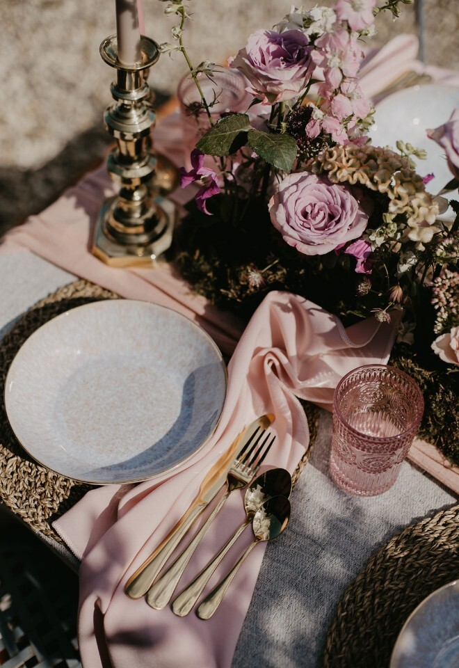 Table decor at Silchester Farm Gold Cutlery Floral Centerpiece