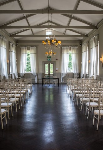 Wedding ceremony set up indoors at Morden Hall South London