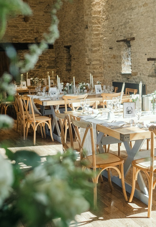 The dining area for food setup in a Oxfordshire barn wedding venue