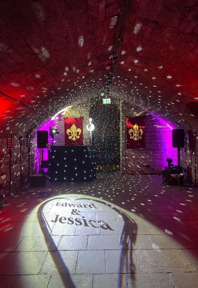 Cardiff Castle black DJ set up with names light