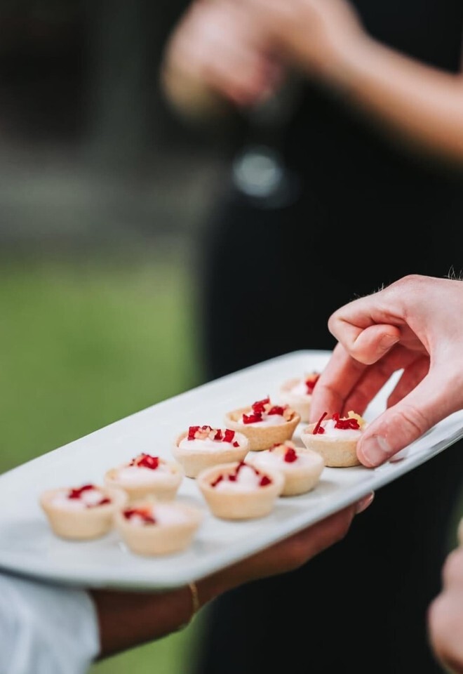 Sweet bite-size canapés presented to guests by Portfolio Events Catering, Northamptonshire wedding caterers